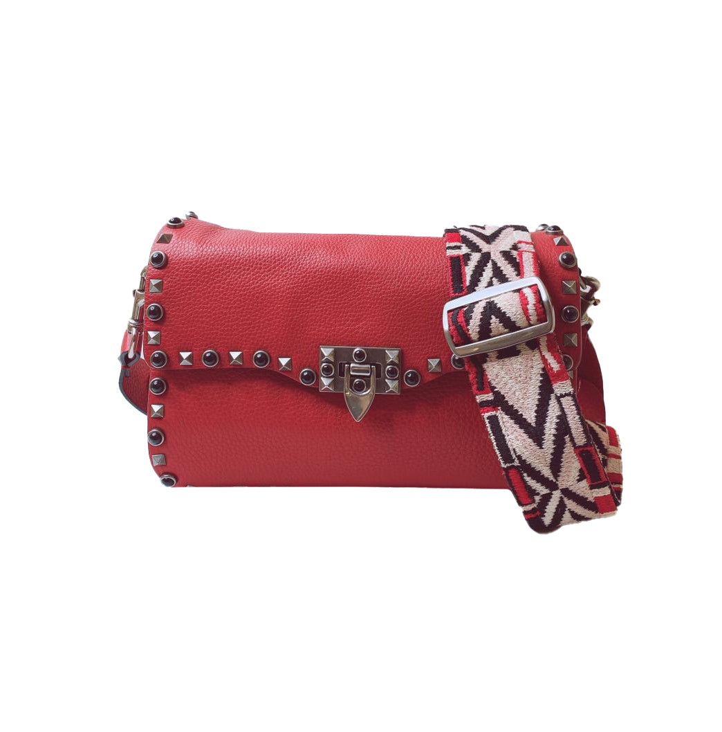 RED LEATHER GUITAR ROLLING ROCKSTUD SHOULDER BAG