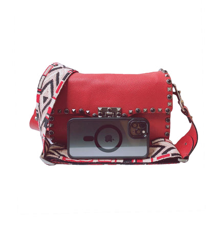 RED LEATHER GUITAR ROLLING ROCKSTUD SHOULDER BAG