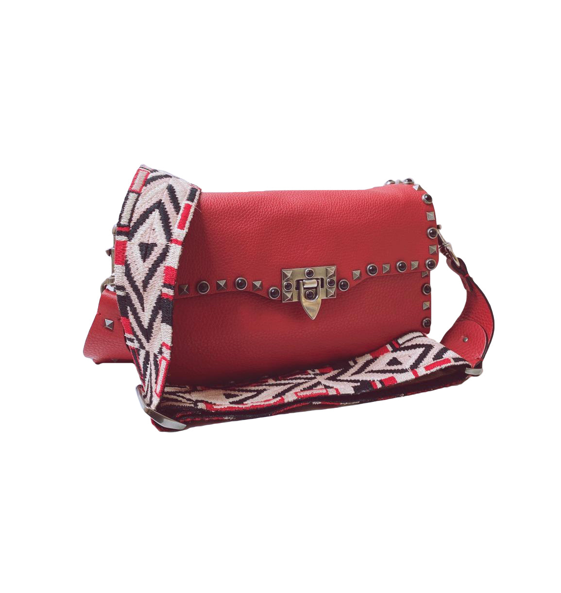 RED LEATHER GUITAR ROLLING ROCKSTUD SHOULDER BAG