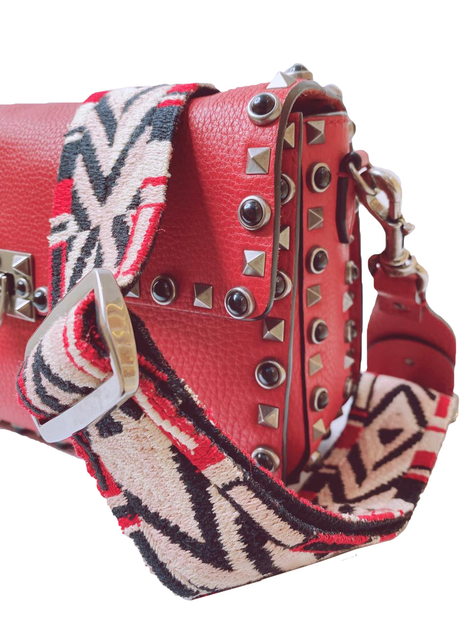 RED LEATHER GUITAR ROLLING ROCKSTUD SHOULDER BAG