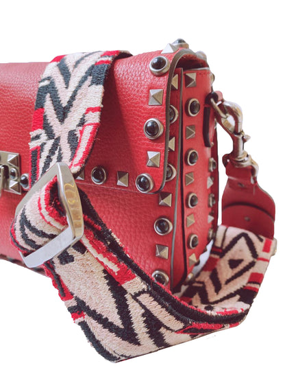 RED LEATHER GUITAR ROLLING ROCKSTUD SHOULDER BAG