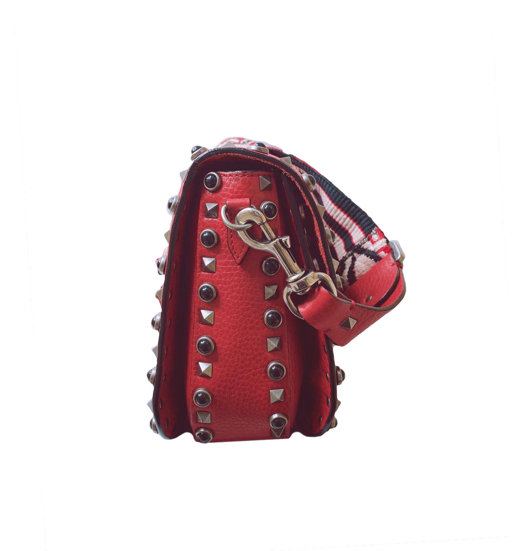 RED LEATHER GUITAR ROLLING ROCKSTUD SHOULDER BAG