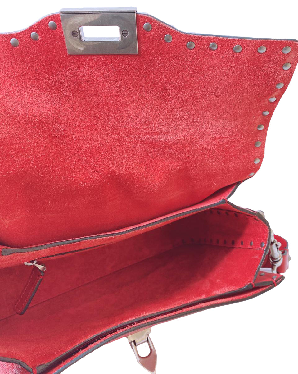 RED LEATHER GUITAR ROLLING ROCKSTUD SHOULDER BAG