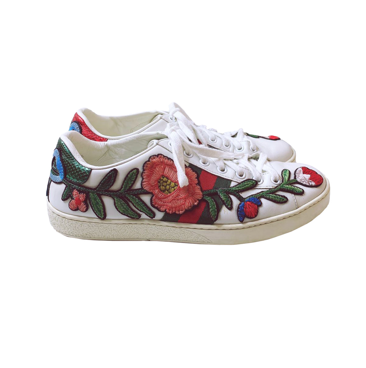 WHITE LEATHER FLORAL ACE SNEAKERS 37.5