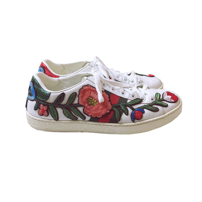 WHITE LEATHER FLORAL ACE SNEAKERS 37.5