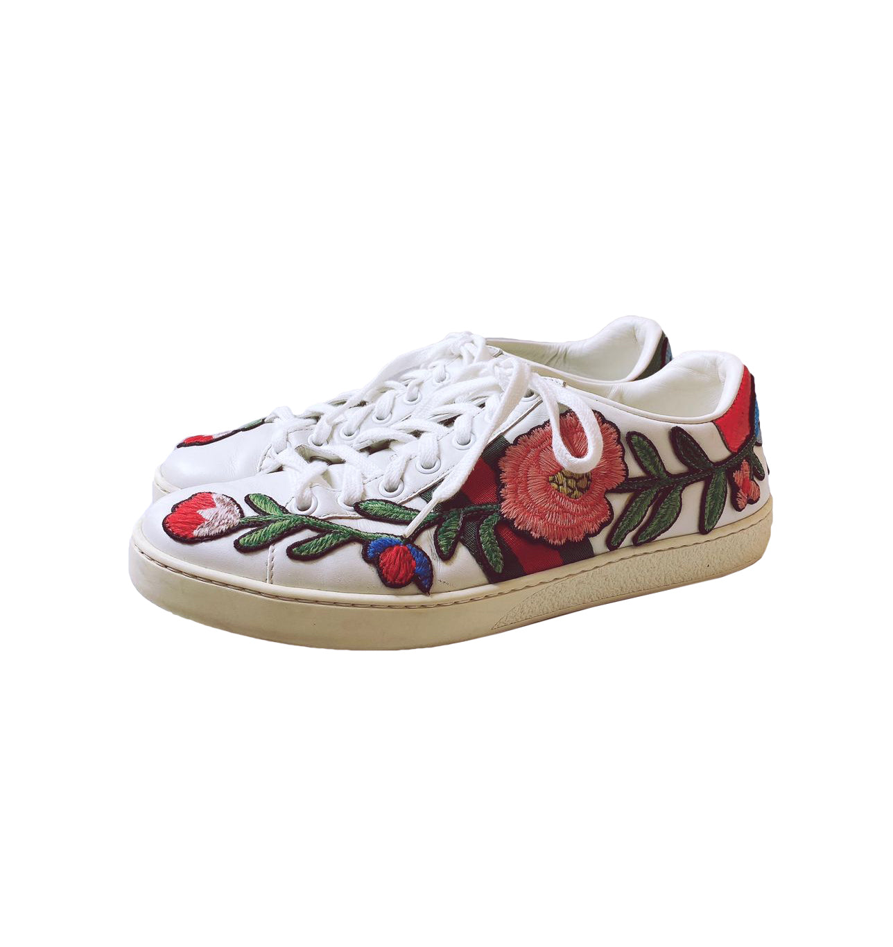 WHITE LEATHER FLORAL ACE SNEAKERS 37.5