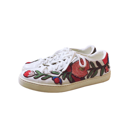 WHITE LEATHER FLORAL ACE SNEAKERS 37.5