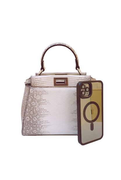 FENDI WHITE/GRAY LIZARD LEATHER MINI PEEKABOO BAG
