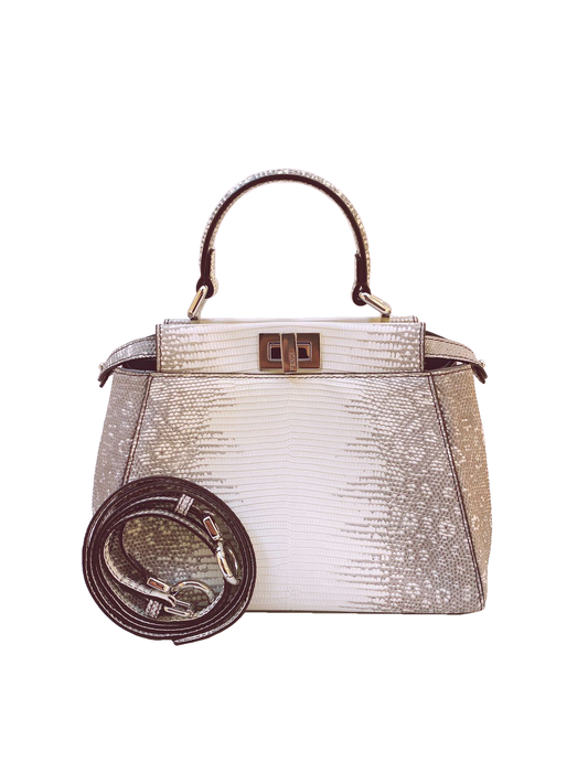 FENDI WHITE/GRAY LIZARD LEATHER MINI PEEKABOO BAG