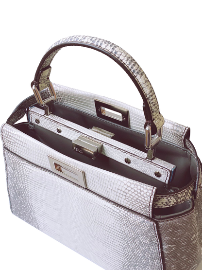 FENDI WHITE/GRAY LIZARD LEATHER MINI PEEKABOO BAG