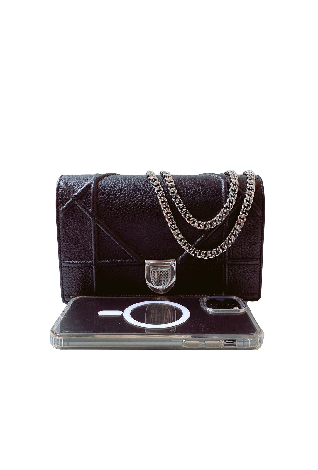 BLACK LEATHER DIORAMA WALLET ON CHAIN