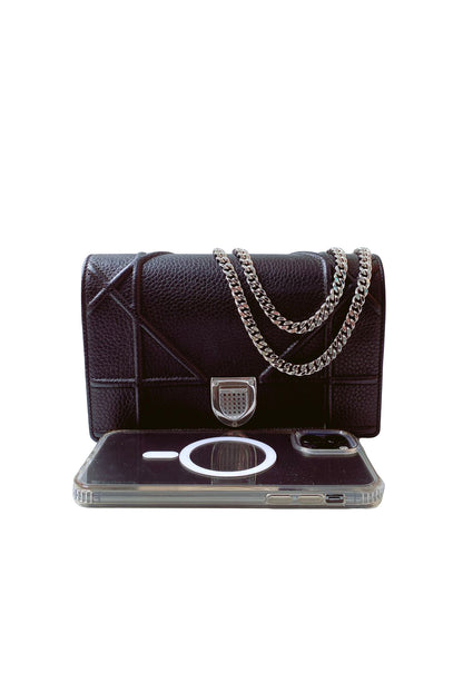 BLACK LEATHER DIORAMA WALLET ON CHAIN