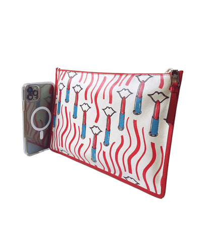 WHITE & RED LIPSTICK PRINT LEATHER MEDIUM POUCH