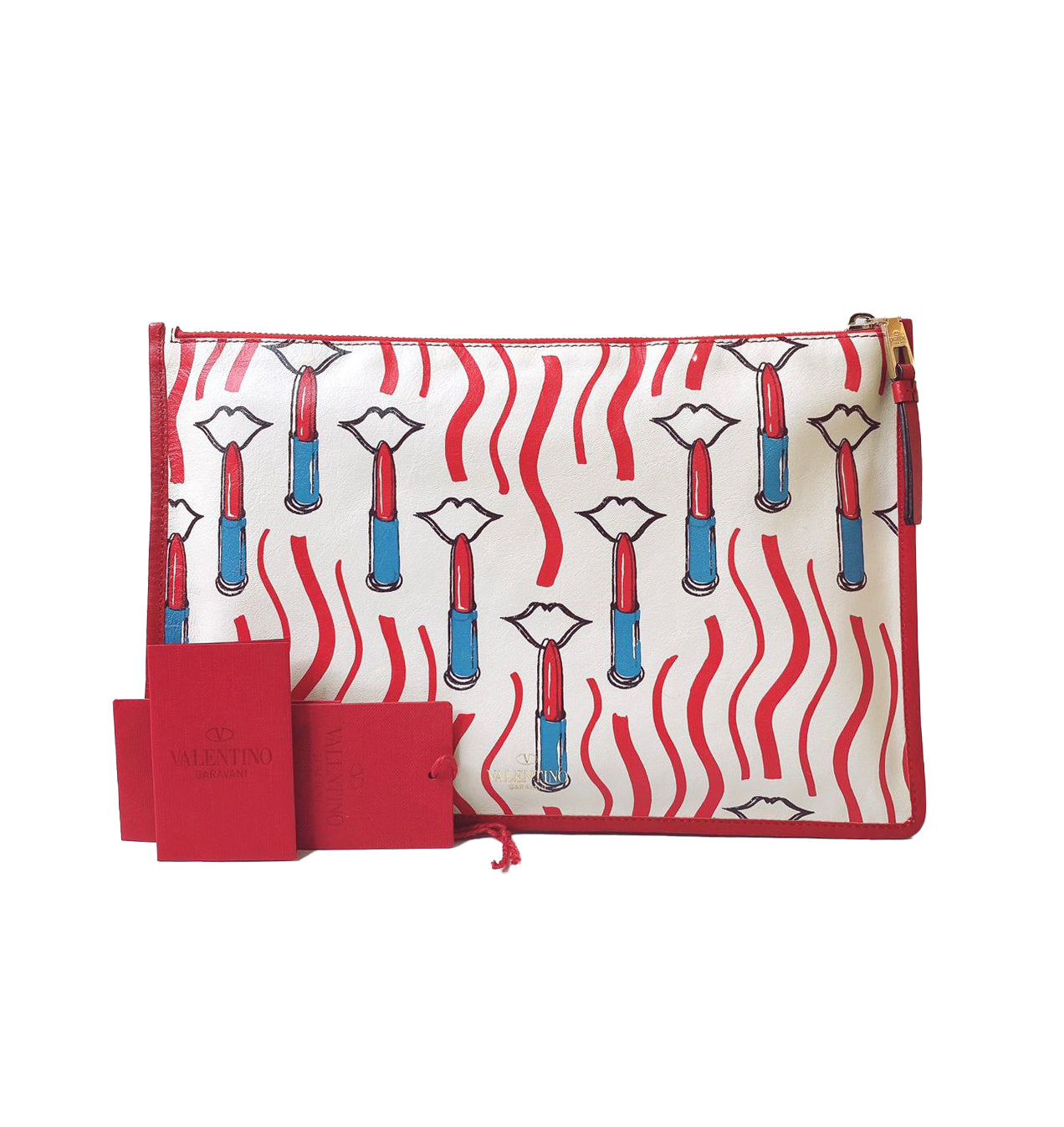 WHITE & RED LIPSTICK PRINT LEATHER MEDIUM POUCH