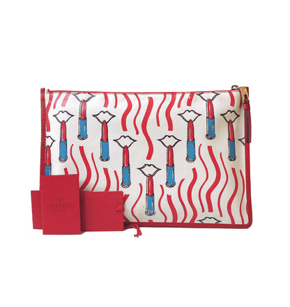 WHITE & RED LIPSTICK PRINT LEATHER MEDIUM POUCH