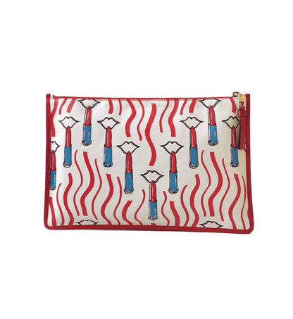 WHITE & RED LIPSTICK PRINT LEATHER MEDIUM POUCH