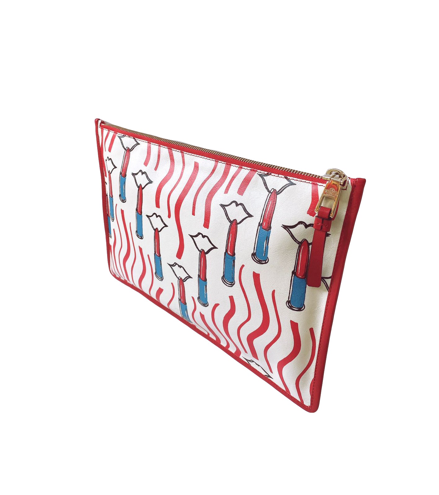 WHITE & RED LIPSTICK PRINT LEATHER MEDIUM POUCH