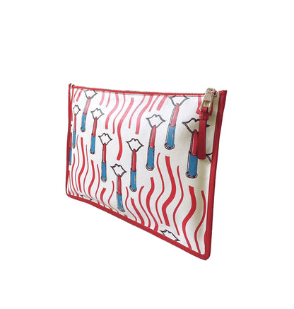 WHITE & RED LIPSTICK PRINT LEATHER MEDIUM POUCH