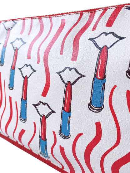 WHITE & RED LIPSTICK PRINT LEATHER MEDIUM POUCH