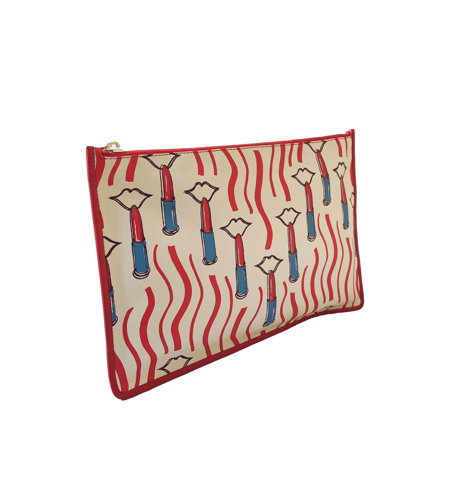WHITE & RED LIPSTICK PRINT LEATHER MEDIUM POUCH