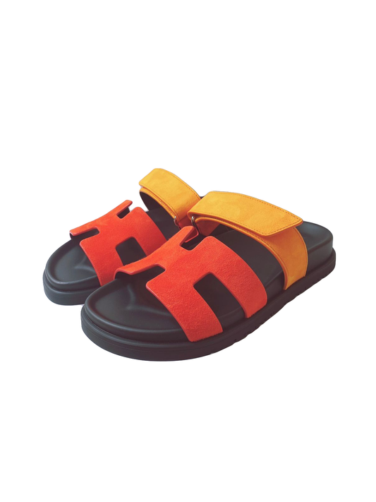 VIBRANT ORANGE AND RED SUADE AND GOATSKIN CHYPRE SANDALS  SIZE36