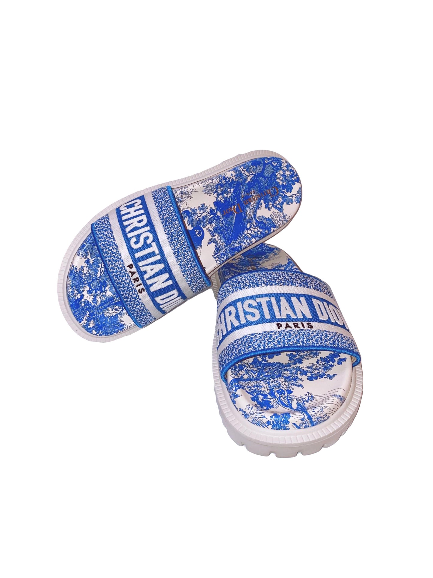 BLUE/WHITE EMBROIDERED CANVAS TOILE DE JOUY DWAY SLIDES 36.5