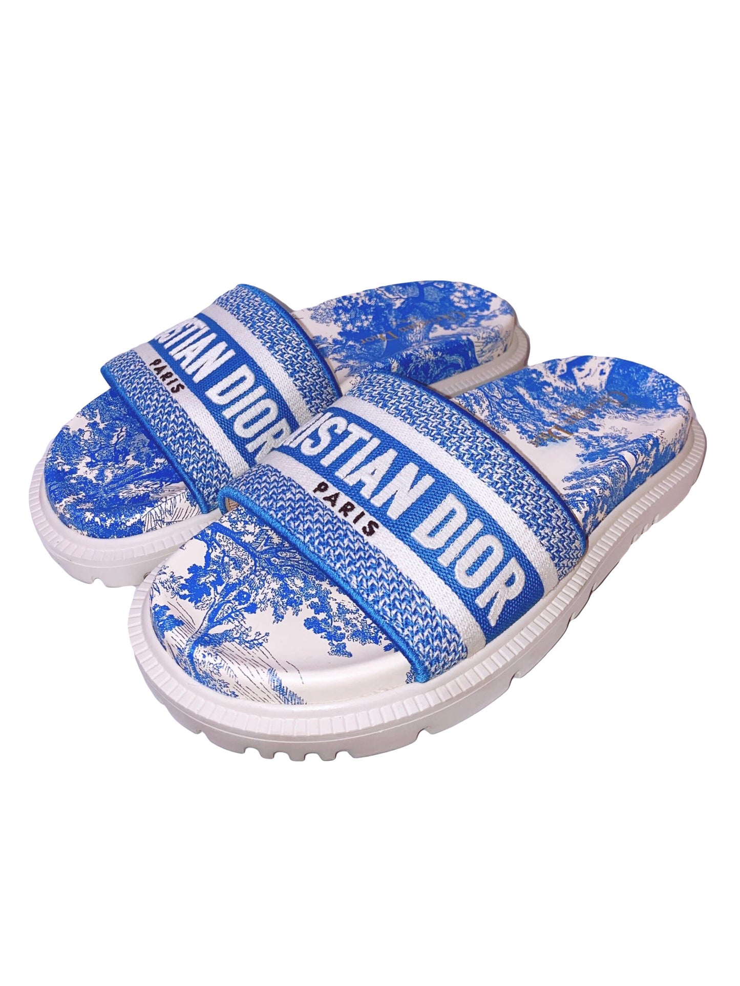 BLUE/WHITE EMBROIDERED CANVAS TOILE DE JOUY DWAY SLIDES 36.5