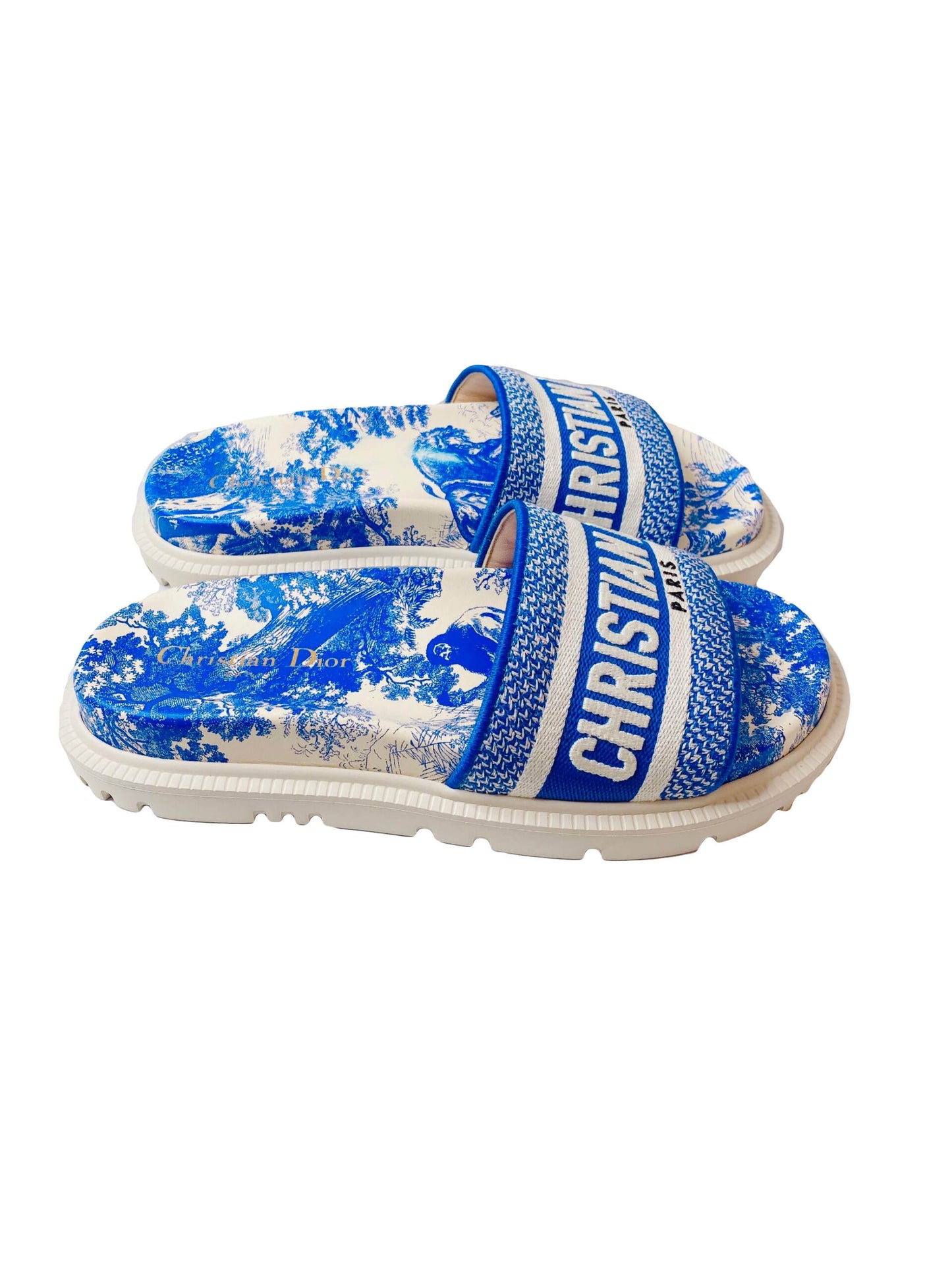 BLUE/WHITE EMBROIDERED CANVAS TOILE DE JOUY DWAY SLIDES 36.5