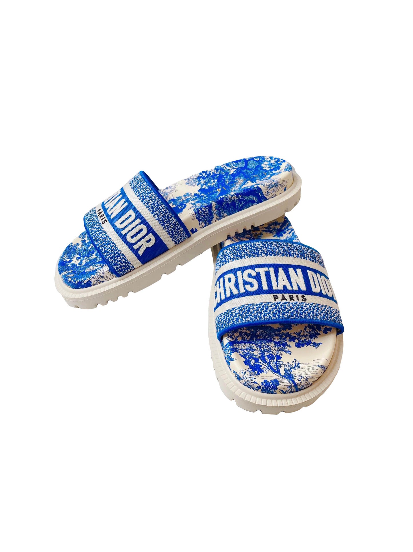BLUE/WHITE EMBROIDERED CANVAS TOILE DE JOUY DWAY SLIDES 36.5