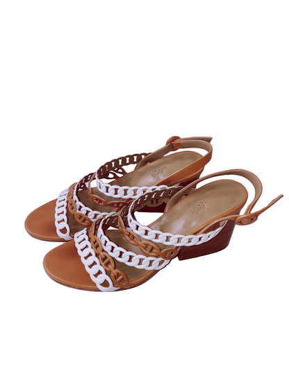 WHITE/BROWN LEATHER ROMY SANDALS 38