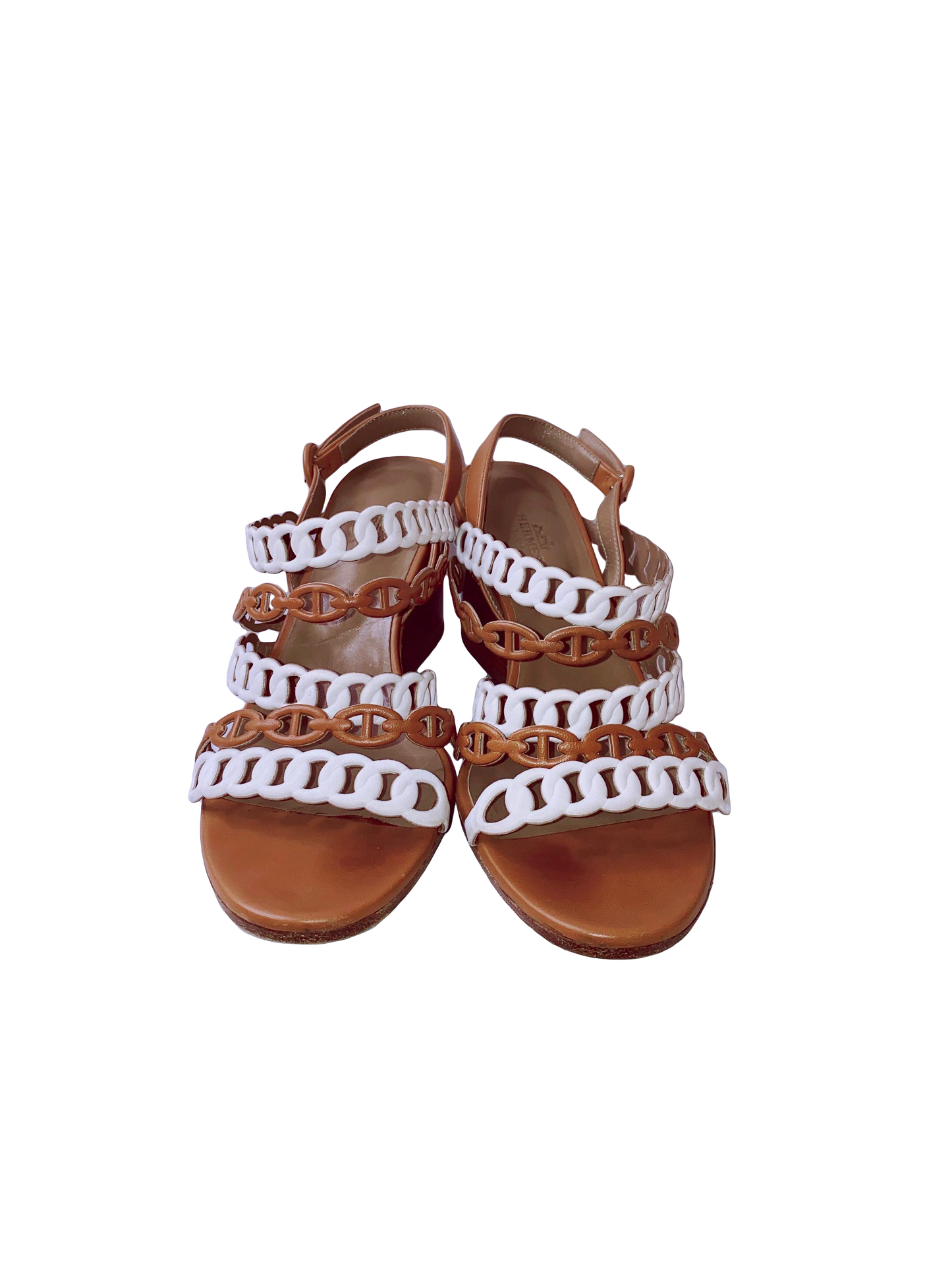 WHITE/BROWN LEATHER ROMY SANDALS 38