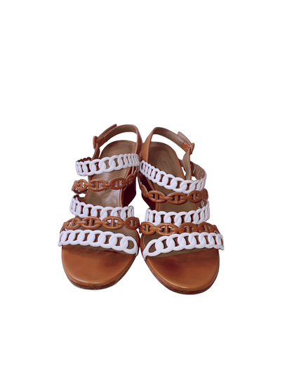 WHITE/BROWN LEATHER ROMY SANDALS 38