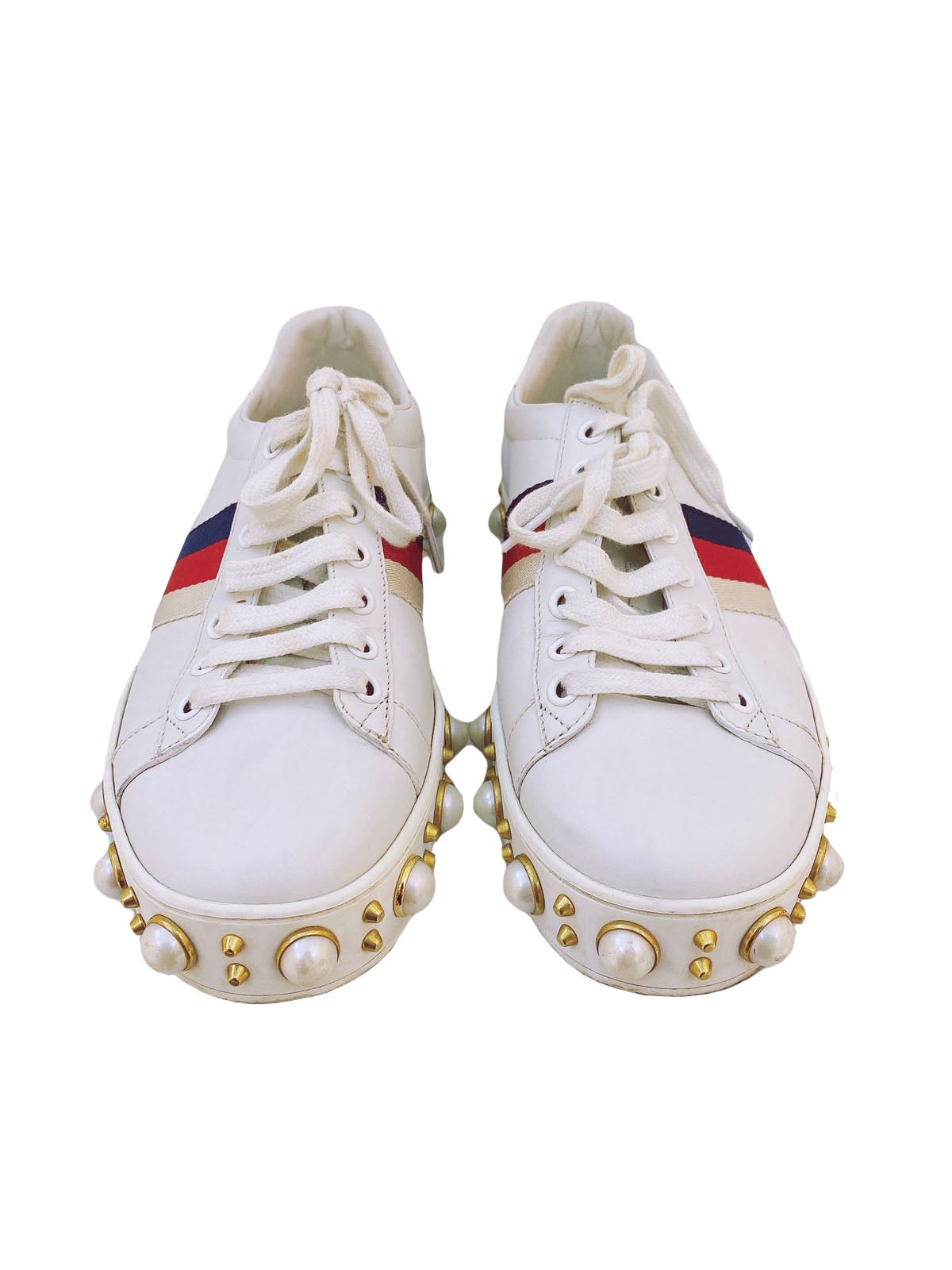 WHITE LEATHER ACE PEARL EMBELLISHED WEB LOW TOP SNEAKERS 36.5