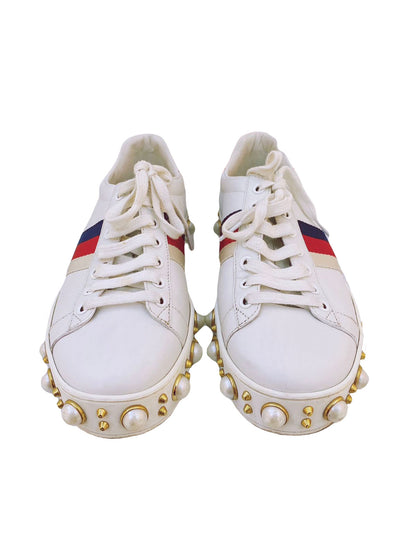 WHITE LEATHER ACE PEARL EMBELLISHED WEB LOW TOP SNEAKERS 36.5
