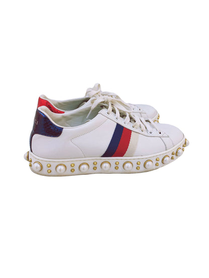 WHITE LEATHER ACE PEARL EMBELLISHED WEB LOW TOP SNEAKERS 36.5