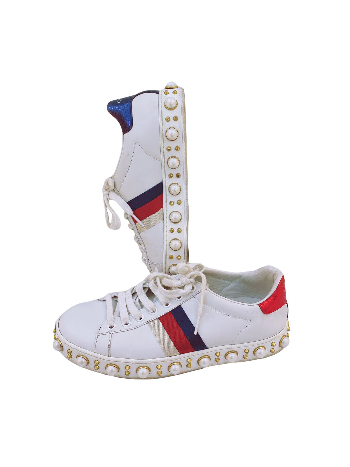 WHITE LEATHER ACE PEARL EMBELLISHED WEB LOW TOP SNEAKERS 36.5