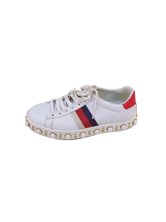 WHITE LEATHER ACE PEARL EMBELLISHED WEB LOW TOP SNEAKERS 36.5