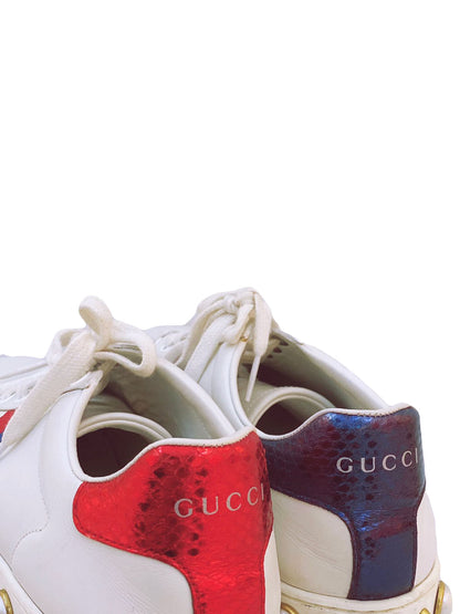 WHITE LEATHER ACE PEARL EMBELLISHED WEB LOW TOP SNEAKERS 36.5