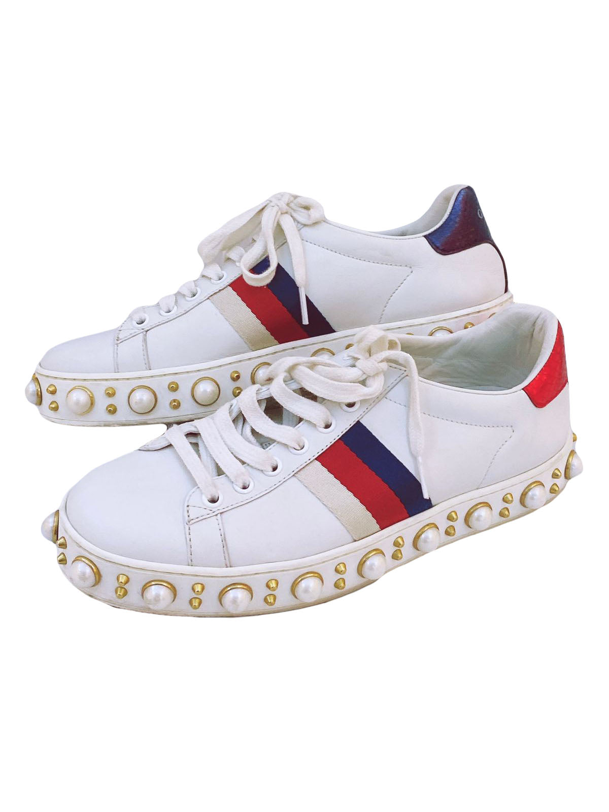 WHITE LEATHER ACE PEARL EMBELLISHED WEB LOW TOP SNEAKERS 36.5