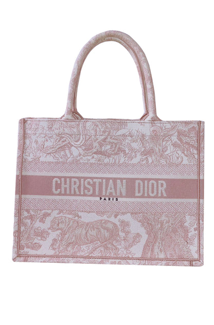 PINK/WHITE EMBROIDERED CANVAS TOILE DE JOUY MEDIUM BOOK TOTE