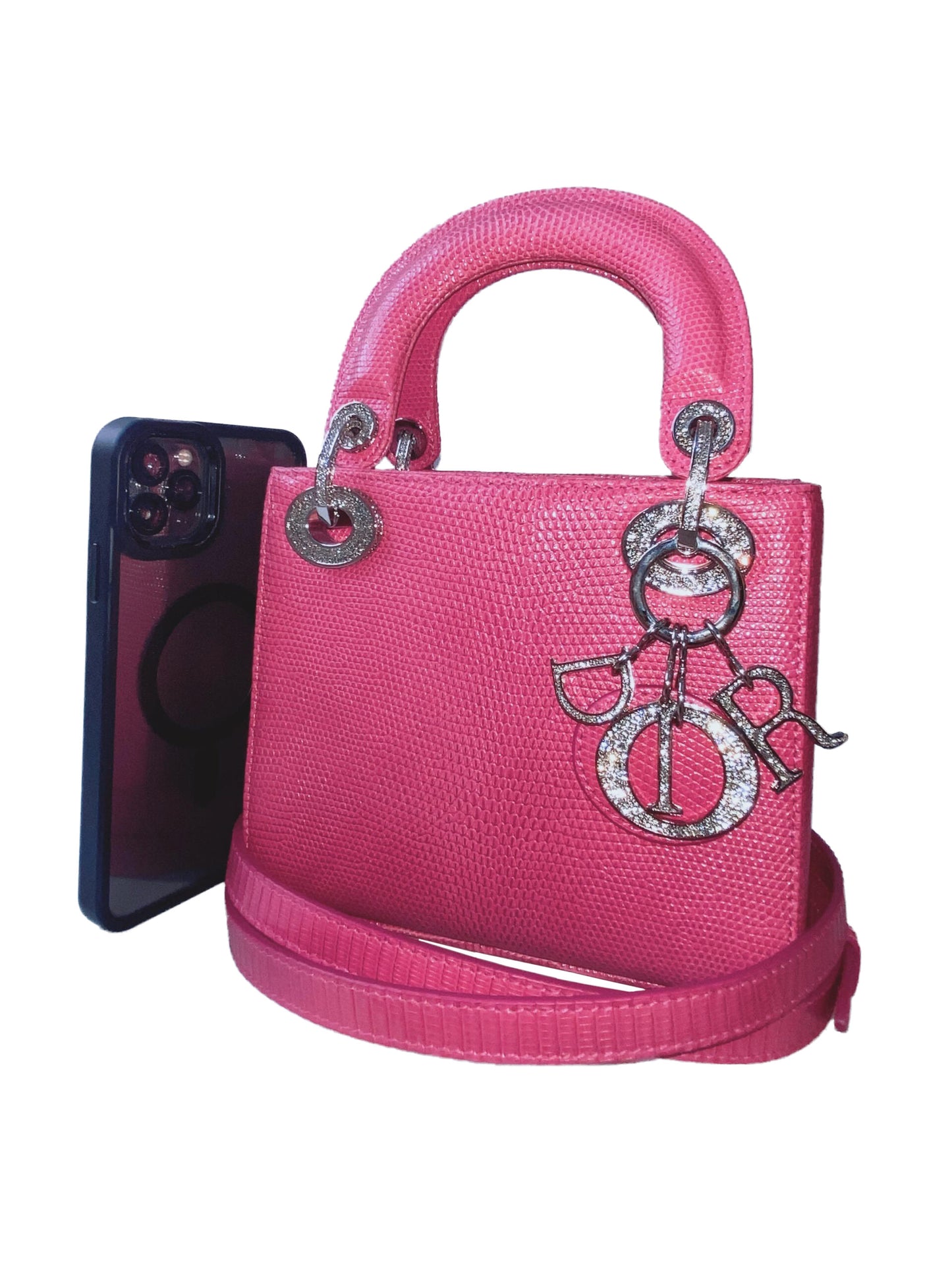 PINK LIZARD SWAROVSKI CRYSTAL MINI LADY DIOR HANDBAG