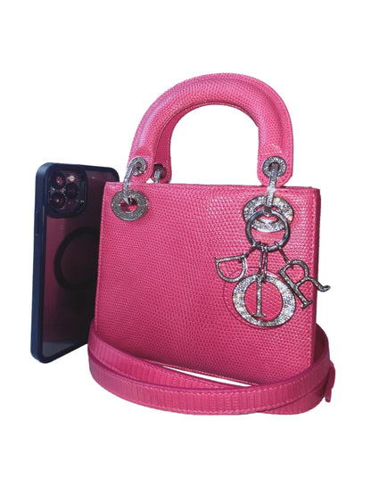 PINK LIZARD SWAROVSKI CRYSTAL MINI LADY DIOR HANDBAG