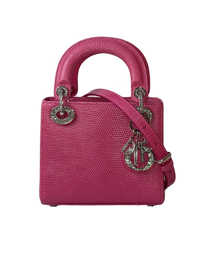 PINK LIZARD SWAROVSKI CRYSTAL MINI LADY DIOR HANDBAG