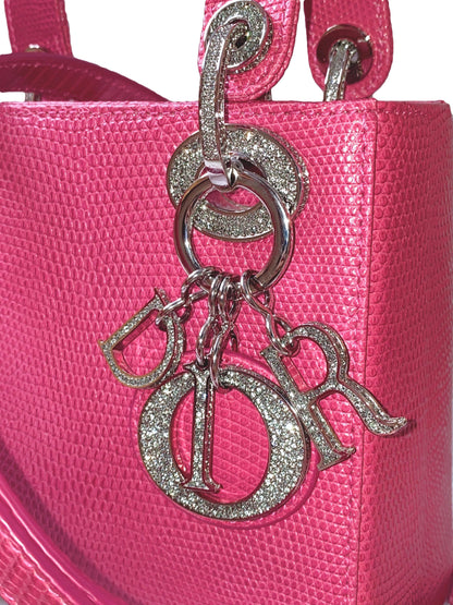 PINK LIZARD SWAROVSKI CRYSTAL MINI LADY DIOR HANDBAG