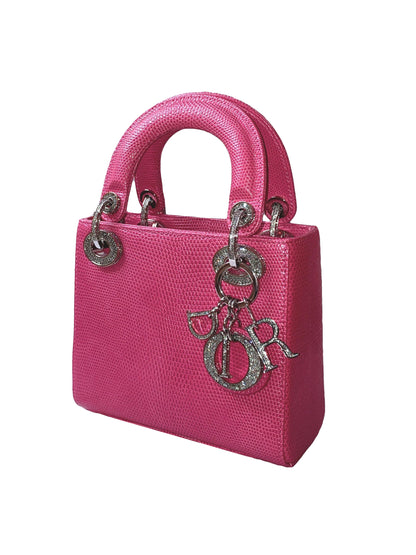 PINK LIZARD SWAROVSKI CRYSTAL MINI LADY DIOR HANDBAG