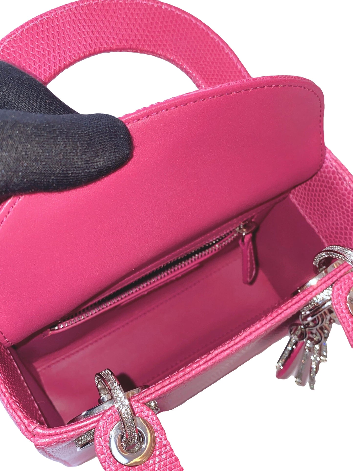 PINK LIZARD SWAROVSKI CRYSTAL MINI LADY DIOR HANDBAG