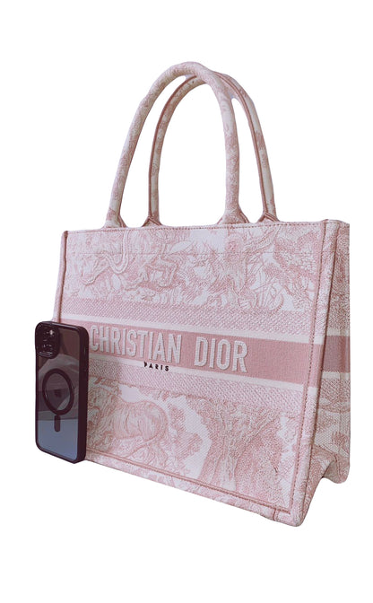 PINK/WHITE EMBROIDERED CANVAS TOILE DE JOUY MEDIUM BOOK TOTE