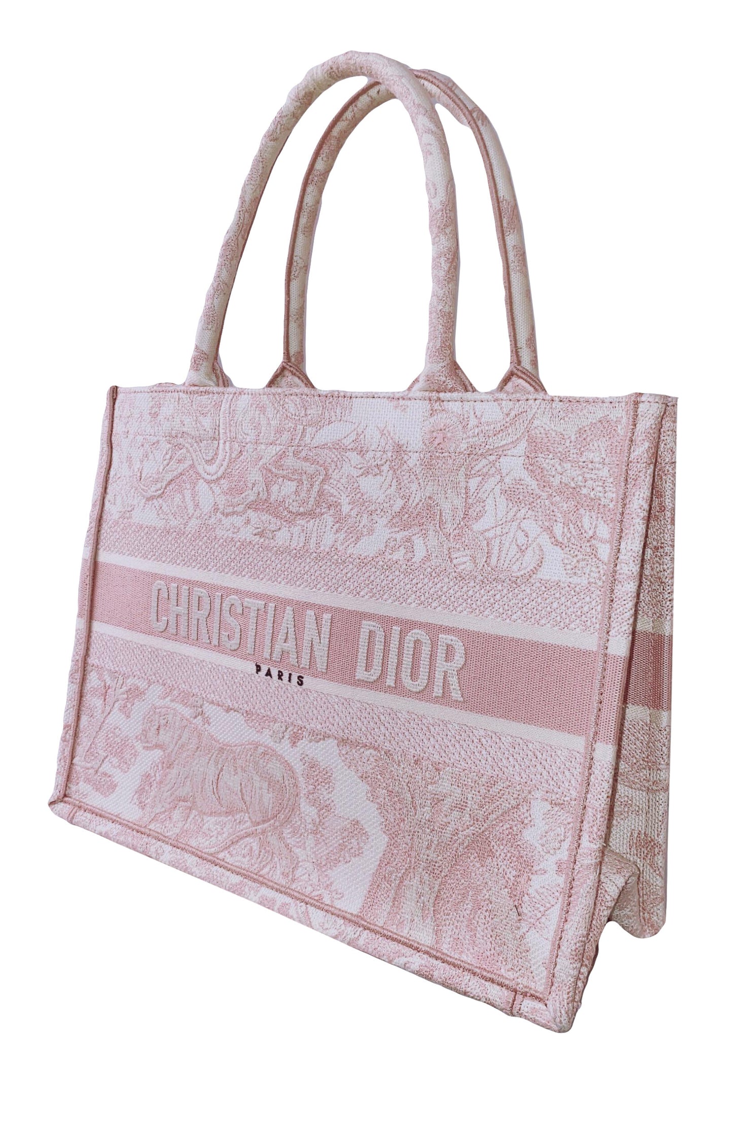 PINK/WHITE EMBROIDERED CANVAS TOILE DE JOUY MEDIUM BOOK TOTE
