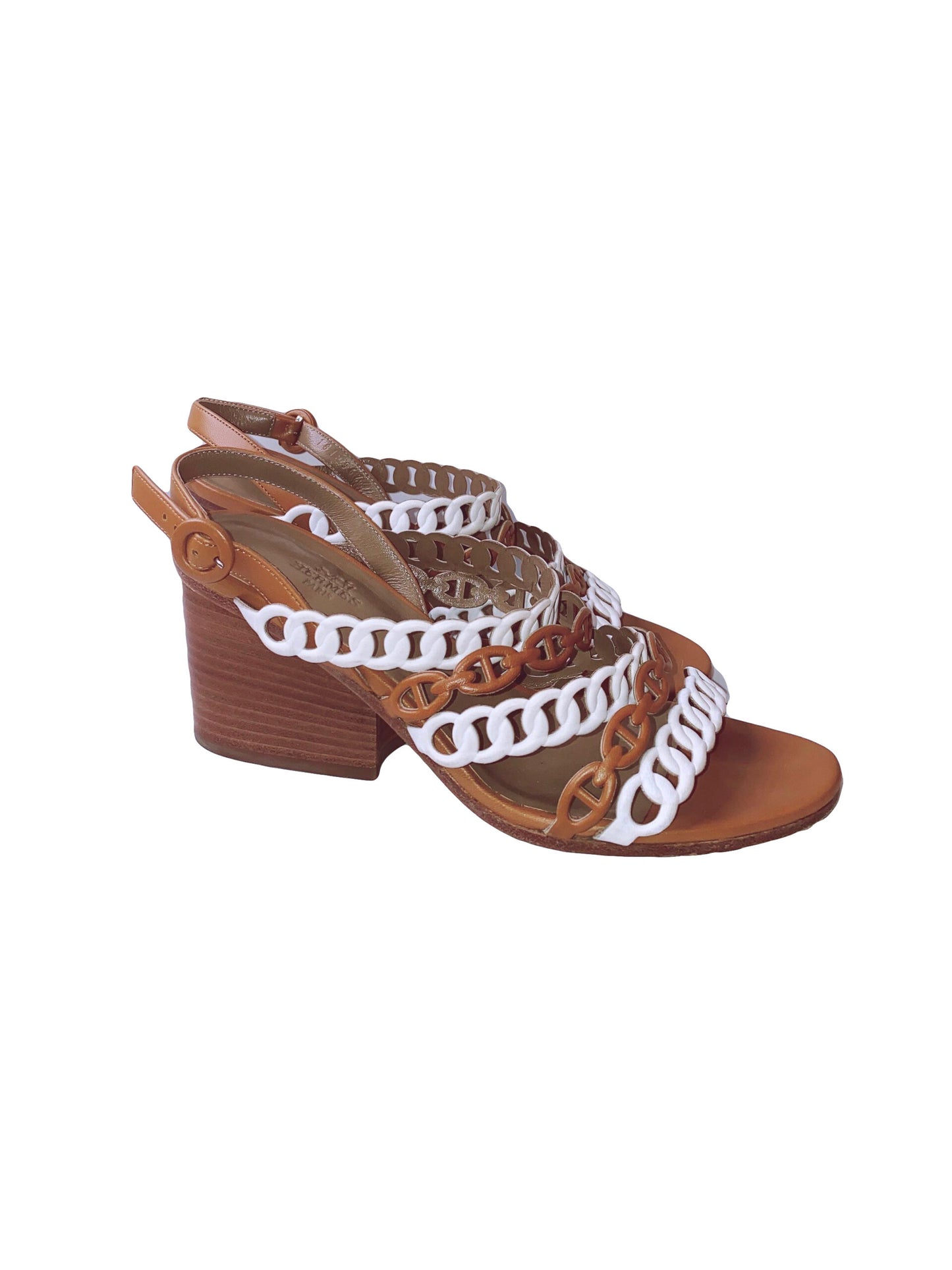 WHITE/BROWN LEATHER ROMY SANDALS 38