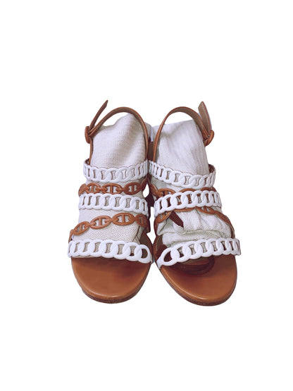 WHITE/BROWN LEATHER ROMY SANDALS 38